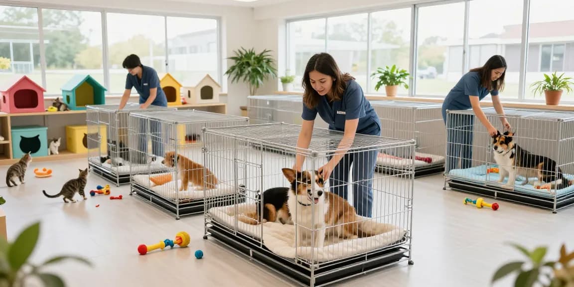Pet boarding cage setup showing comfort and care for animals