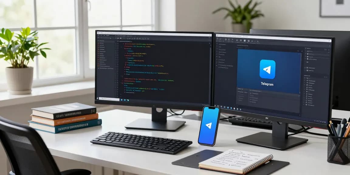 Developer customizing Telegram Chinese interface in a modern workspace with code and language settings on monitors.