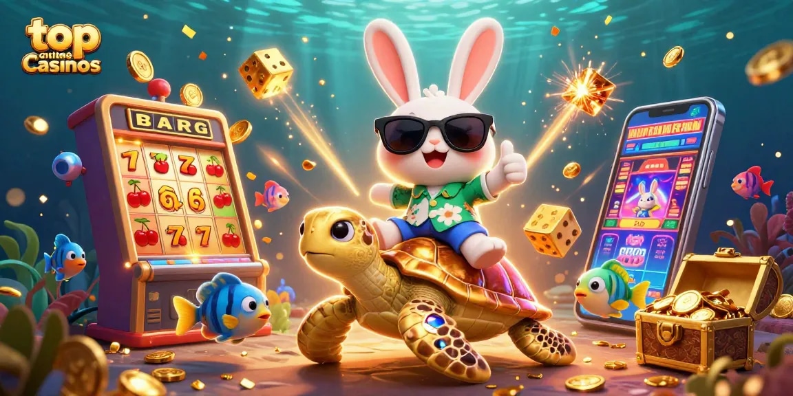 Explore top online casinos with a whimsical 3D rabbit and golden turtle in an underwater jackpot scene.