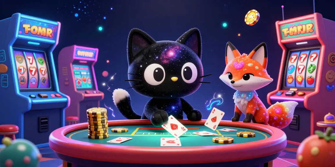 Experience exciting real money casinos with a cosmic themed illustration of a black hole cat at a gaming table.