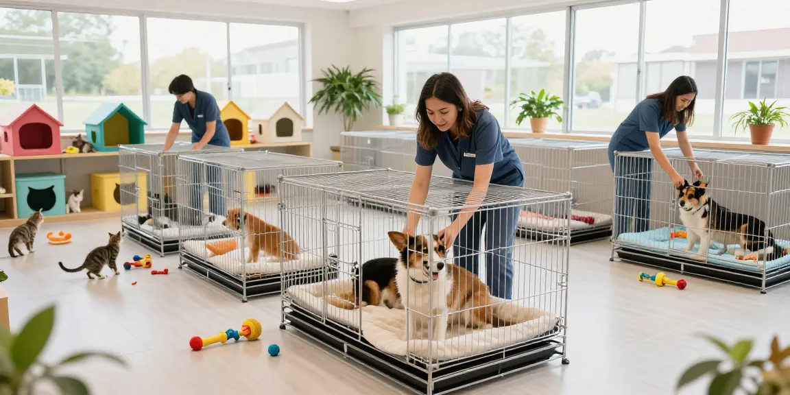 Pet boarding cage setup showing comfort and care for animals