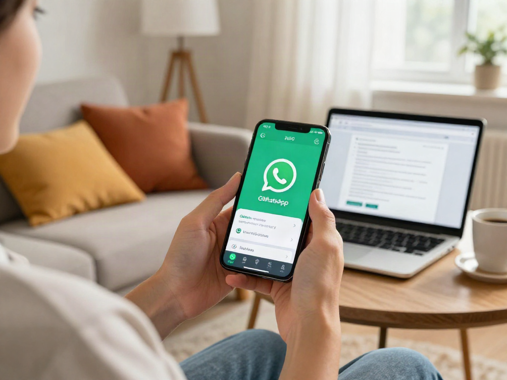Smartphone user engaging with GB WhatsApp APK features in a cozy home setting.