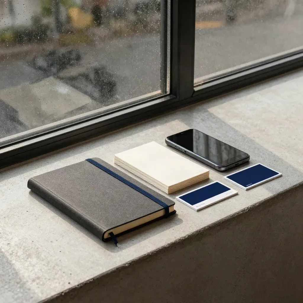 Lead sprint bundle on a concrete ledge by a window with notebook, phone and index cards in morning light.