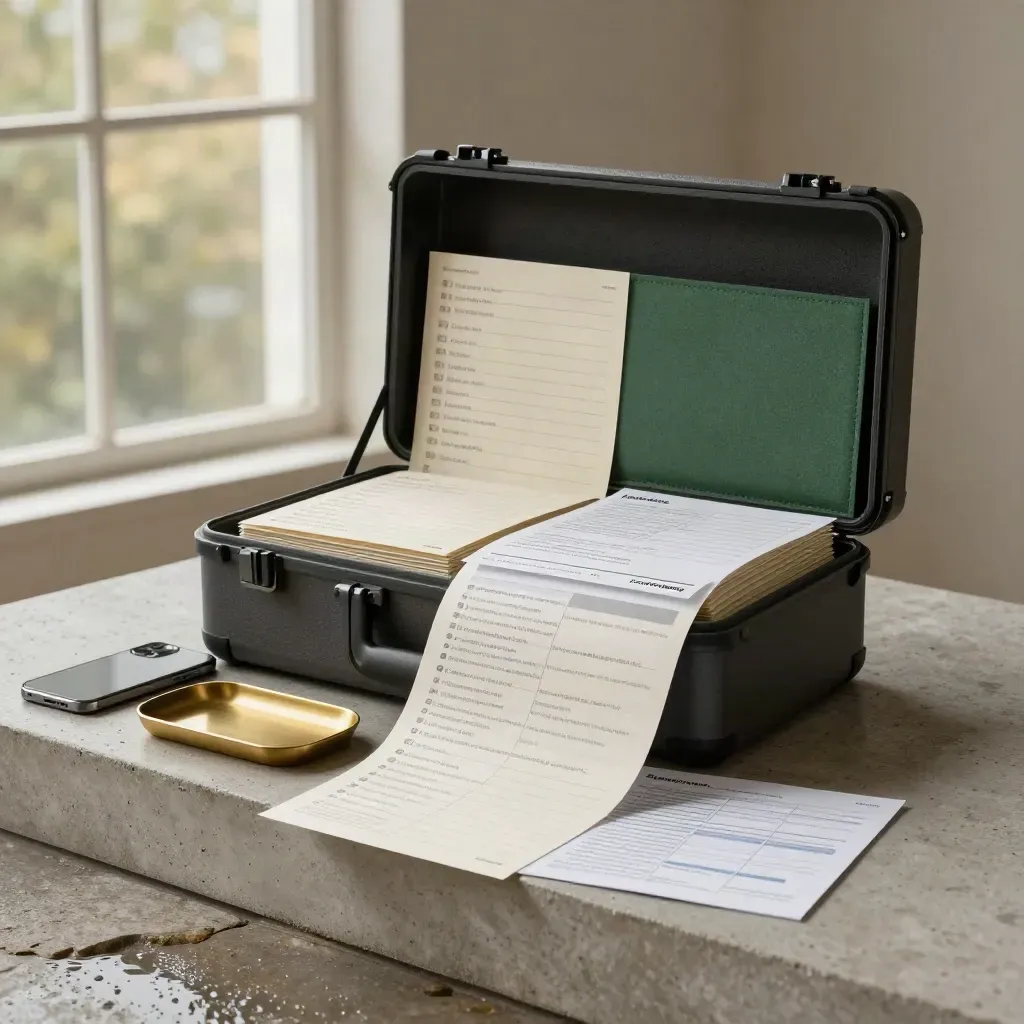 Charcoal lead-sprint kit with inserts, phone, and brass tray on a sage concrete plinth