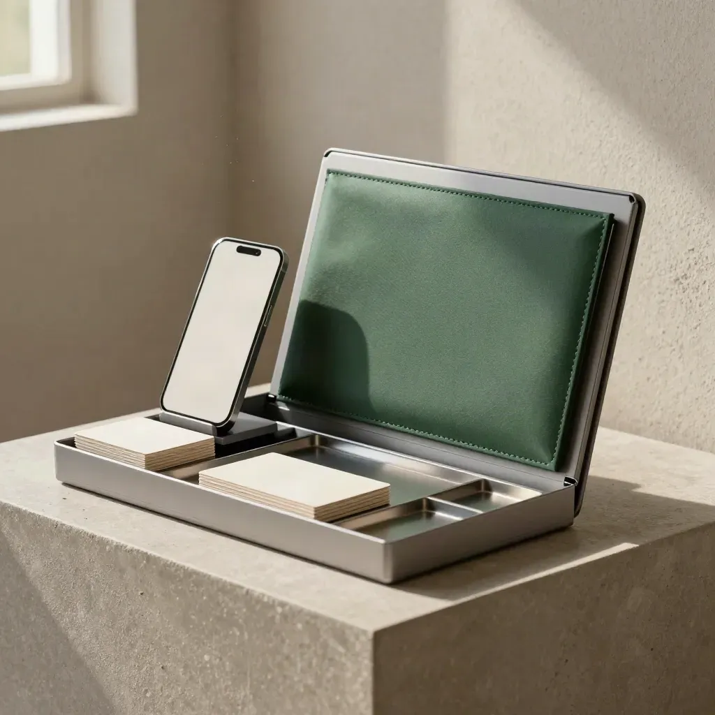 Opened outreach kit with profile cards, phone stand and laptop on a pewter plinth, soft daylight