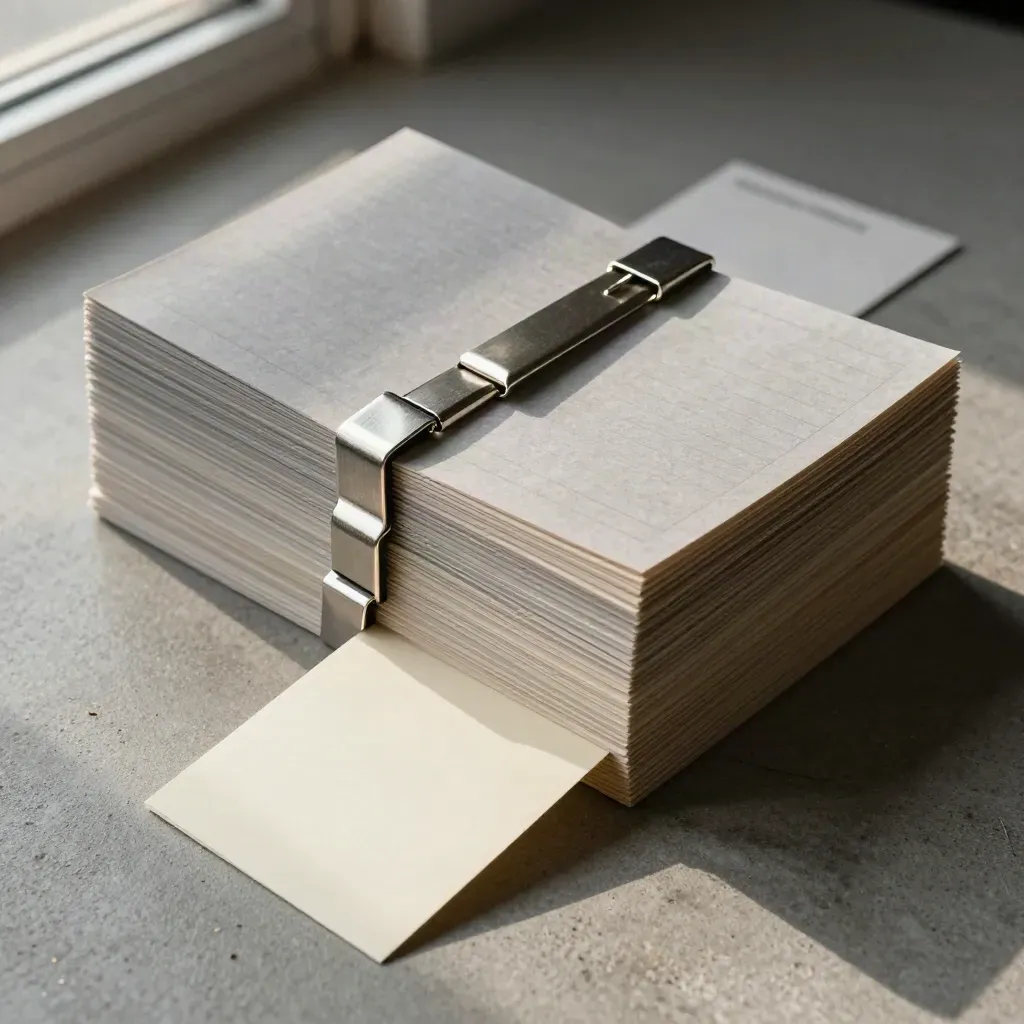 Overhead flatlay of stacked lead-list cards, silver clips and ivory index cards on ash concrete.