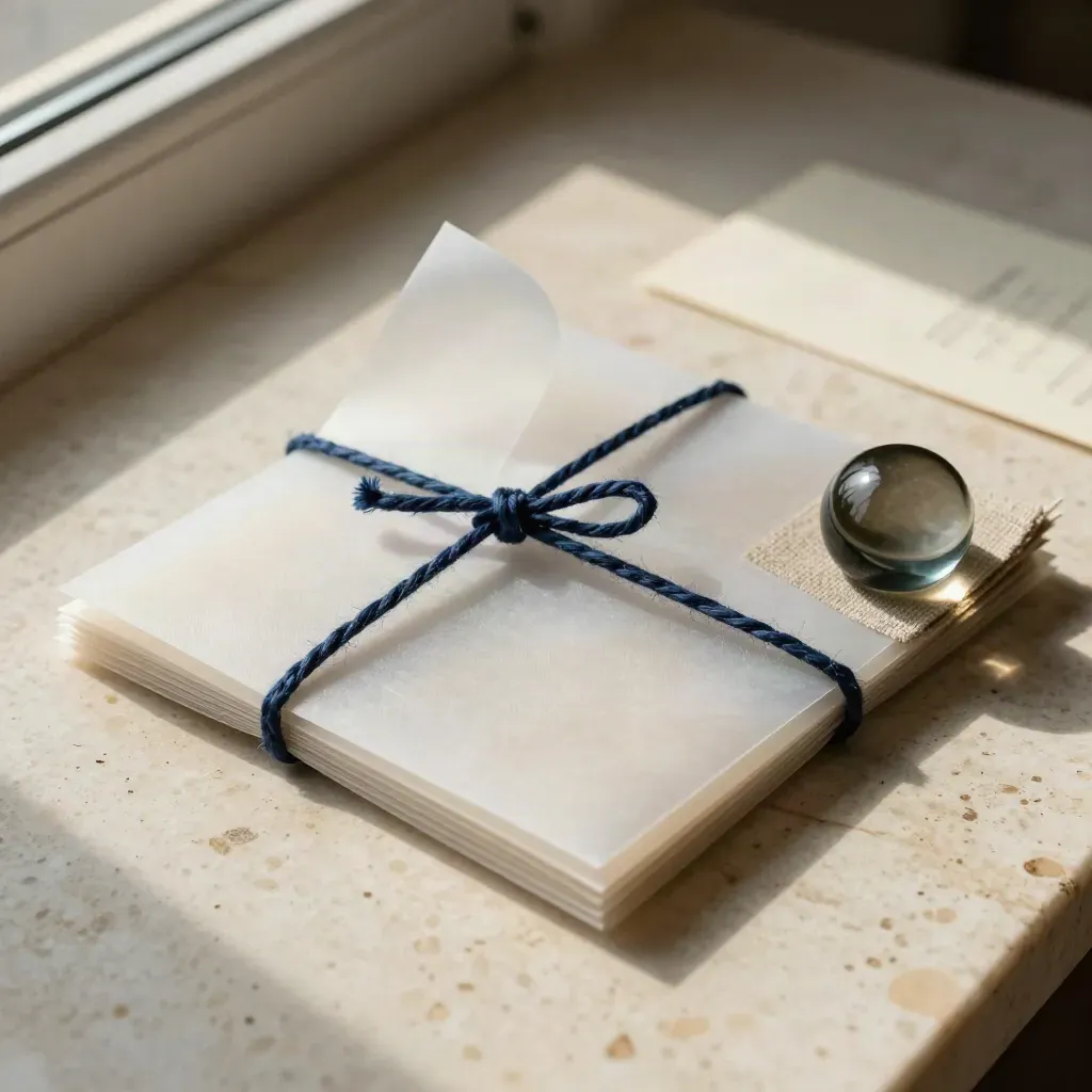 Translucent outreach pack tied with navy twine beside linen and a smoked-glass paperweight.