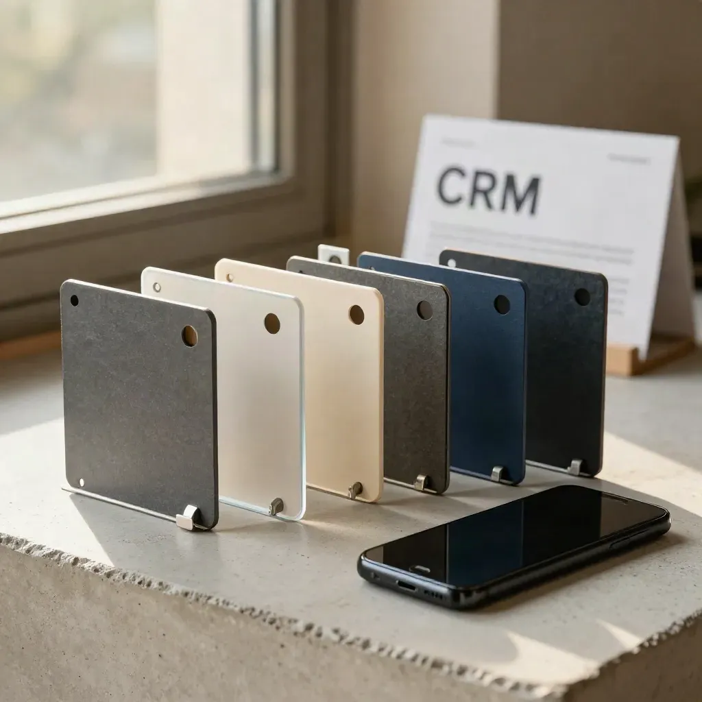 CRM setup bundle with stage cards, tabs, and a face-down phone on pale concrete by warm window light.