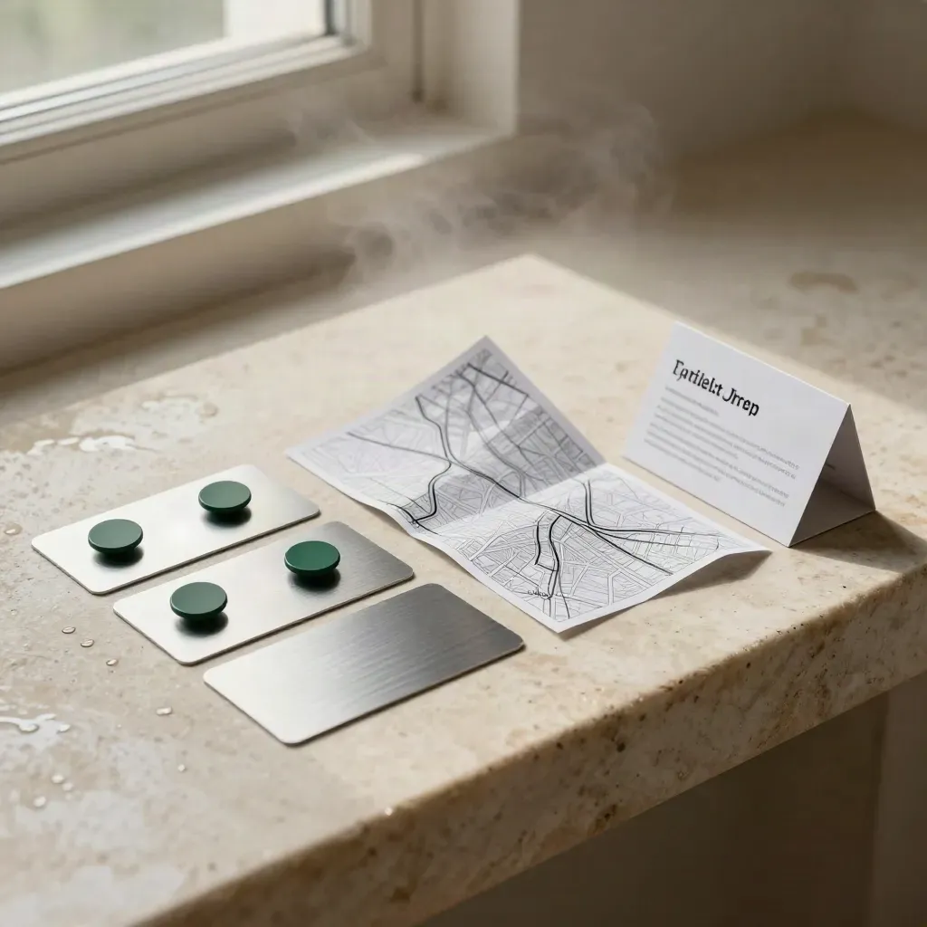 Route pins, contact cards, and folded city-grid sheet on a rain-sheened stone bench.