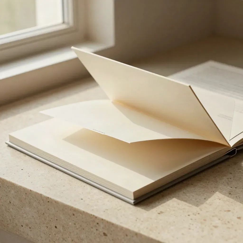Close-up of a premium landing-page board with tabbed inserts on travertine.