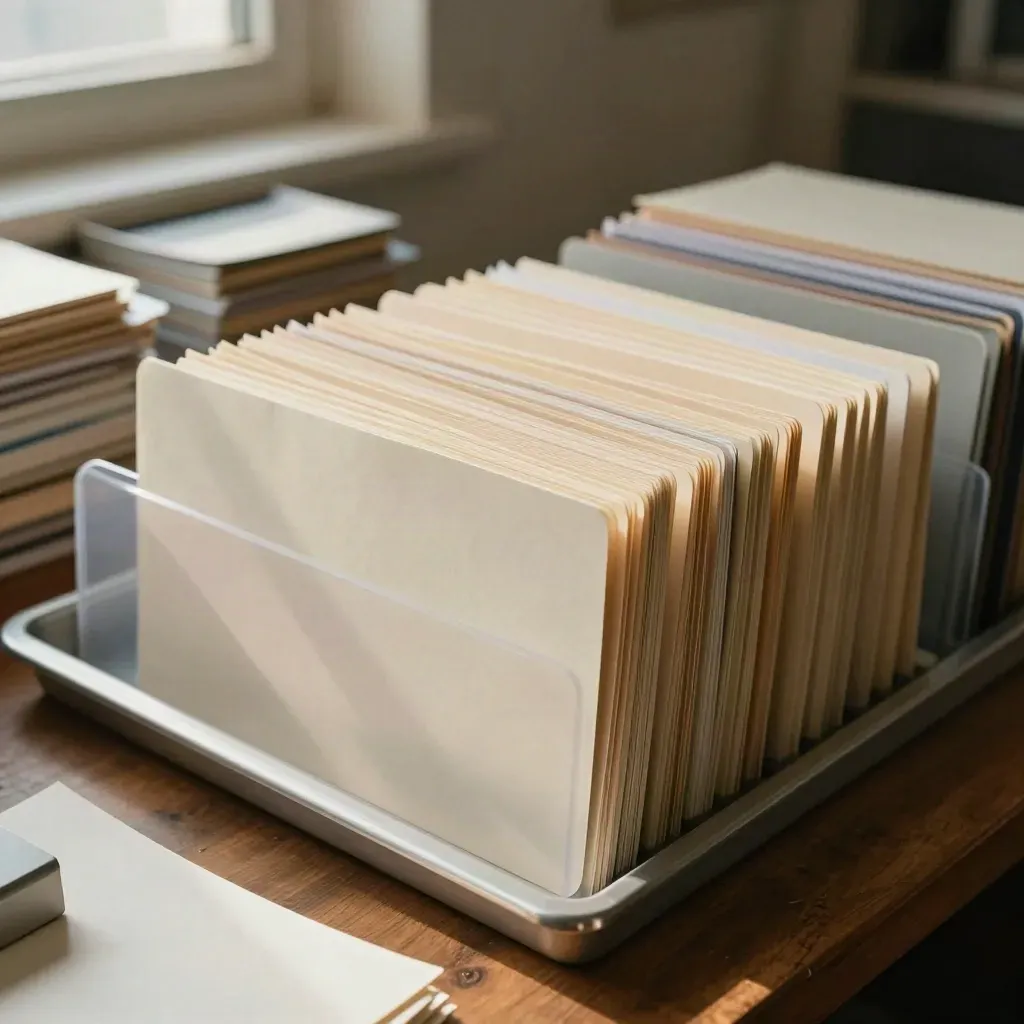 Lead research bundle with blank tabs and folder spine on a walnut surface.