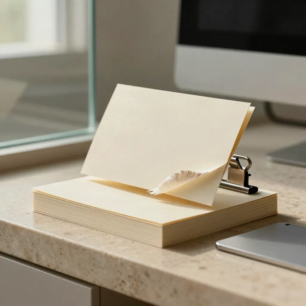 Macro of a clipped sales script deck with a blank phone card and folded note on limestone.