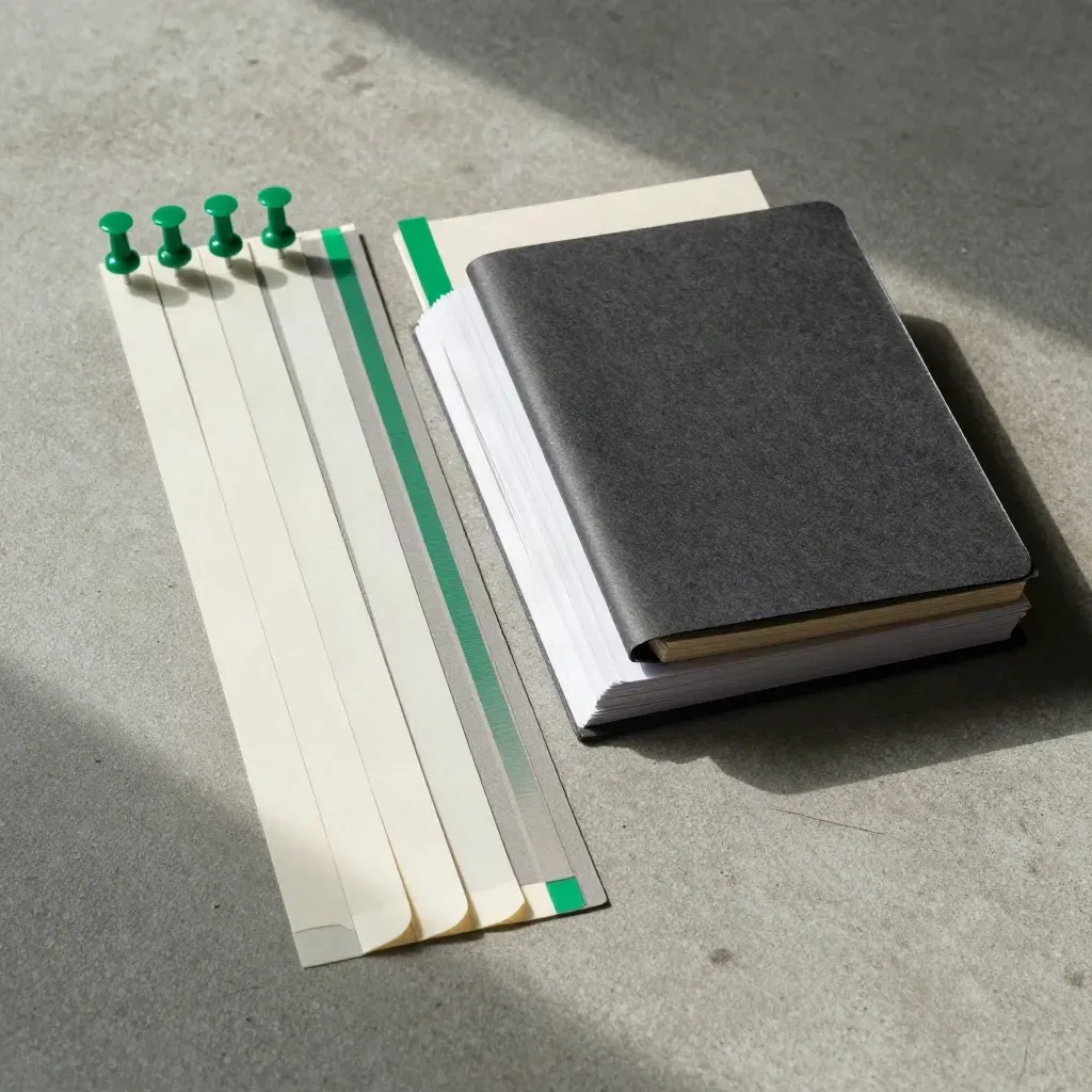 Overhead flatlay of Ontario lead bundle with green markers and folder spine on concrete.