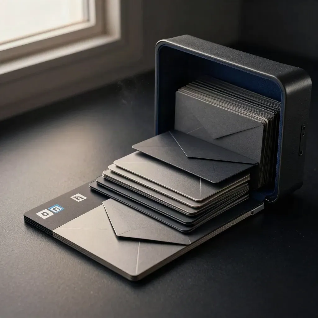 Half-open outreach kit with modules and lead cards on a dark studio surface