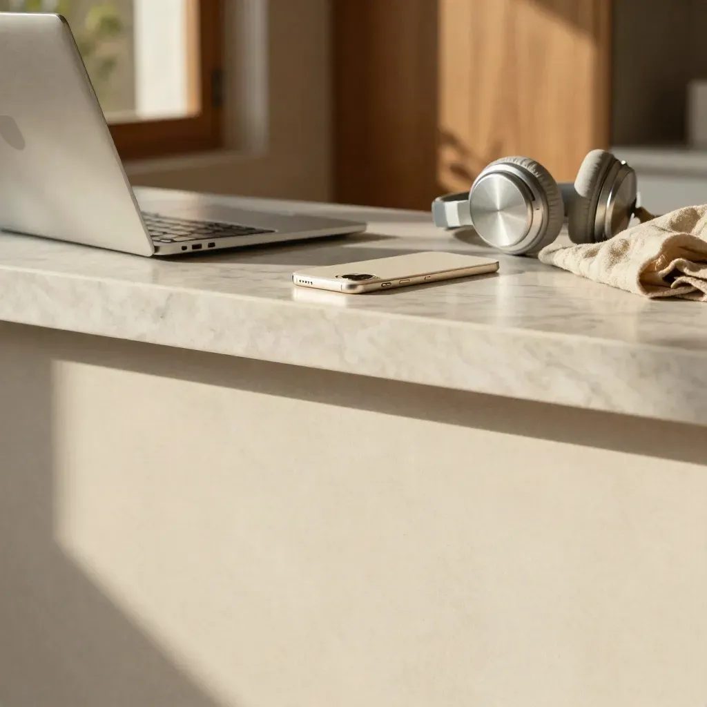Sunlit marble ledge with laptop, phone and headset beside blurred oak joinery and a plant shadow.
