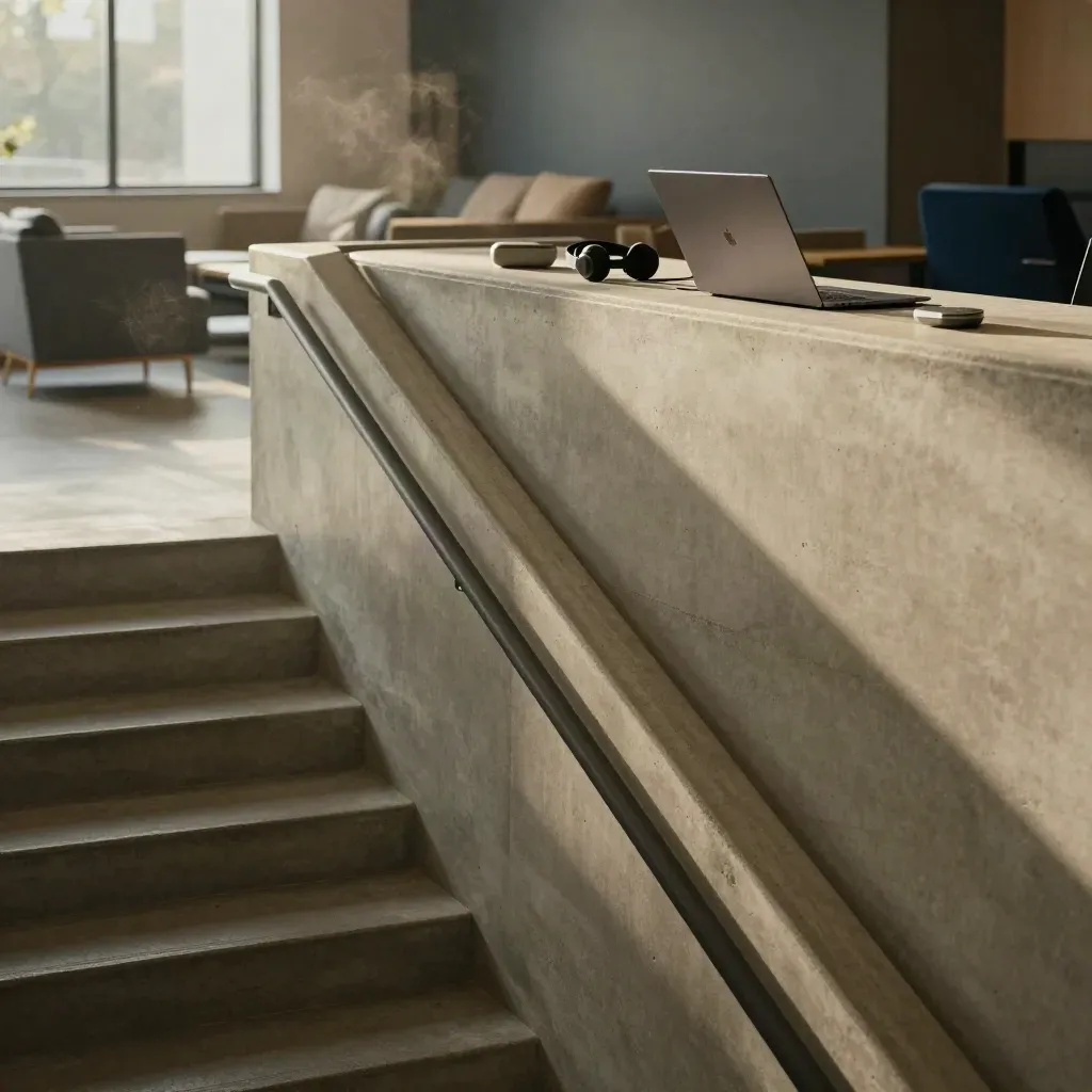Sunlit concrete stair hall with curved rail, blurred office seating, and calm copy space.
