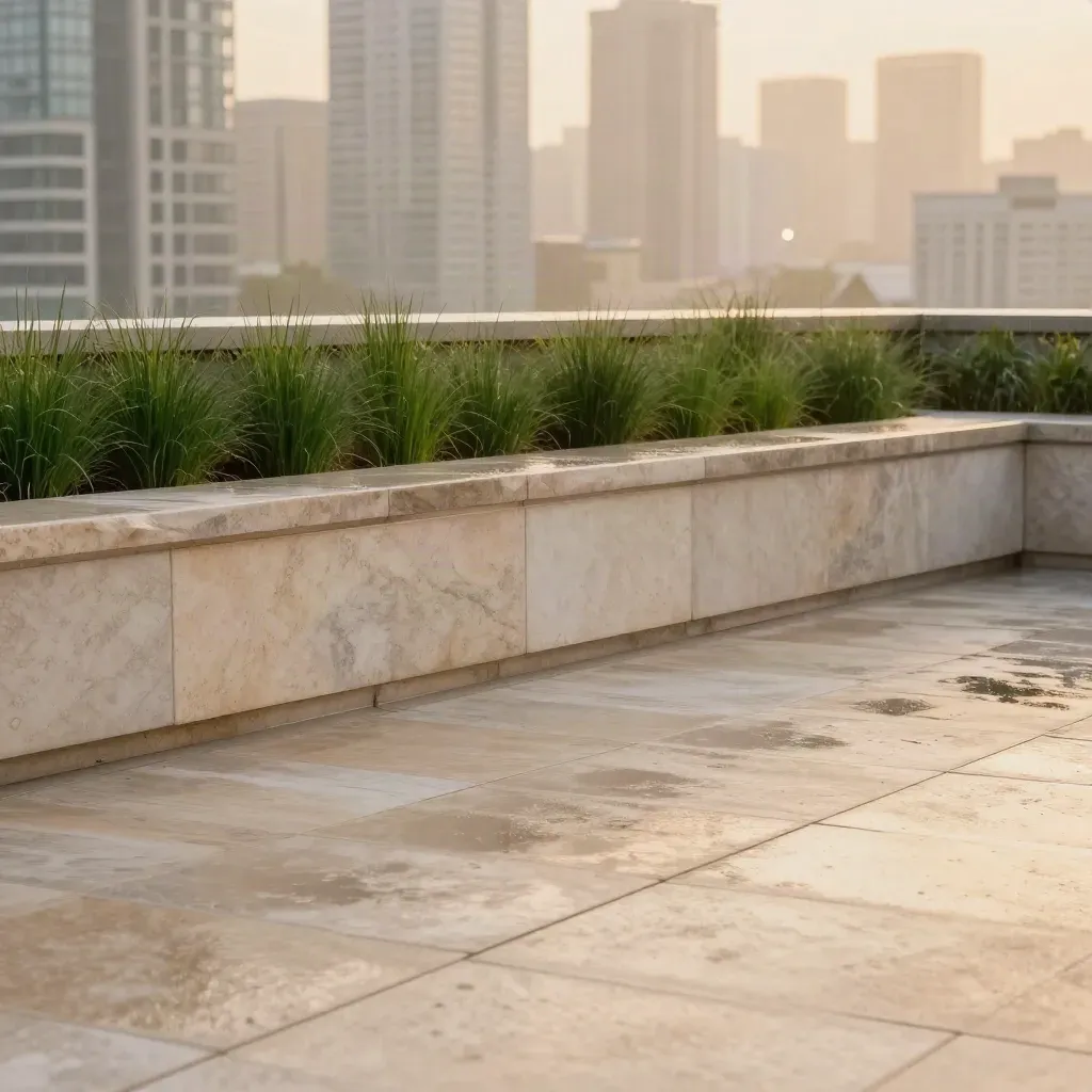 Wet rooftop terrace at golden hour with blurred Toronto skyline and calm copy space