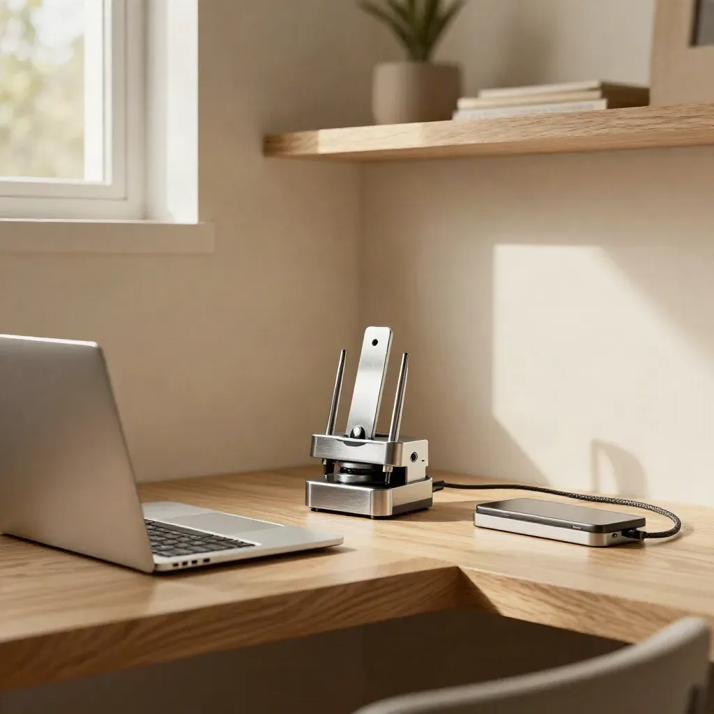 Warm oak studio corner with laptop, router, phone dock and linen in soft morning light.