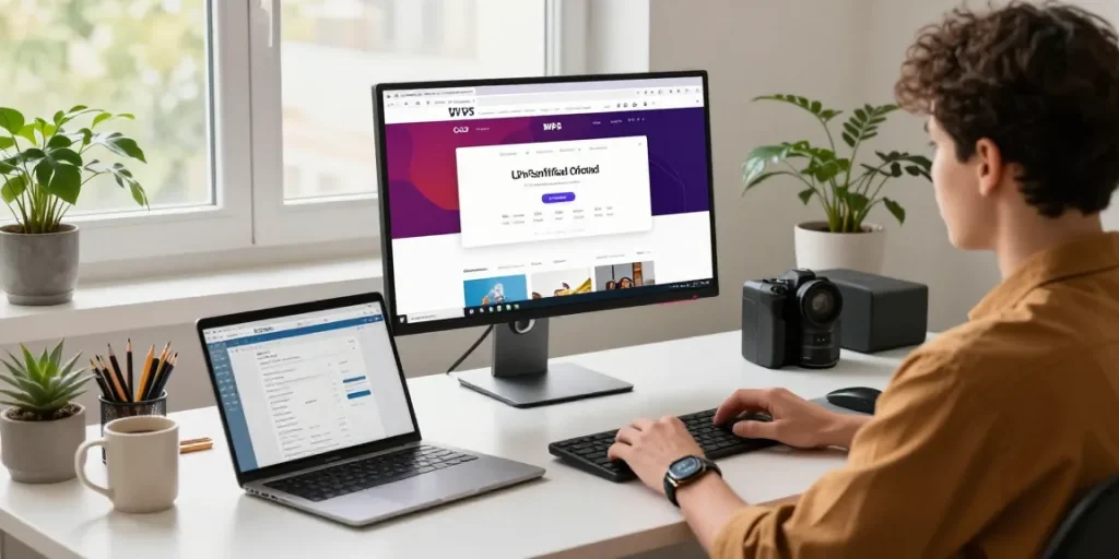 Engaged professional using WPS Official Website in a modern home office, showcasing a high-tech workspace.