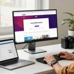 Engaged professional using WPS Official Website in a modern home office, showcasing a high-tech workspace.